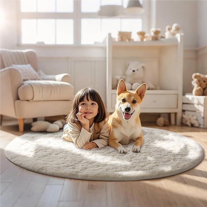 Ophanie Round Rugs 5Ft Ivory Circle Area Rug, Aesthetic Room Decor, Fluffy Fuzzy Bedroom Carpet, Plush Soft Shaggy Cream Living Room Rugs for Kids Home Decor, Nursery