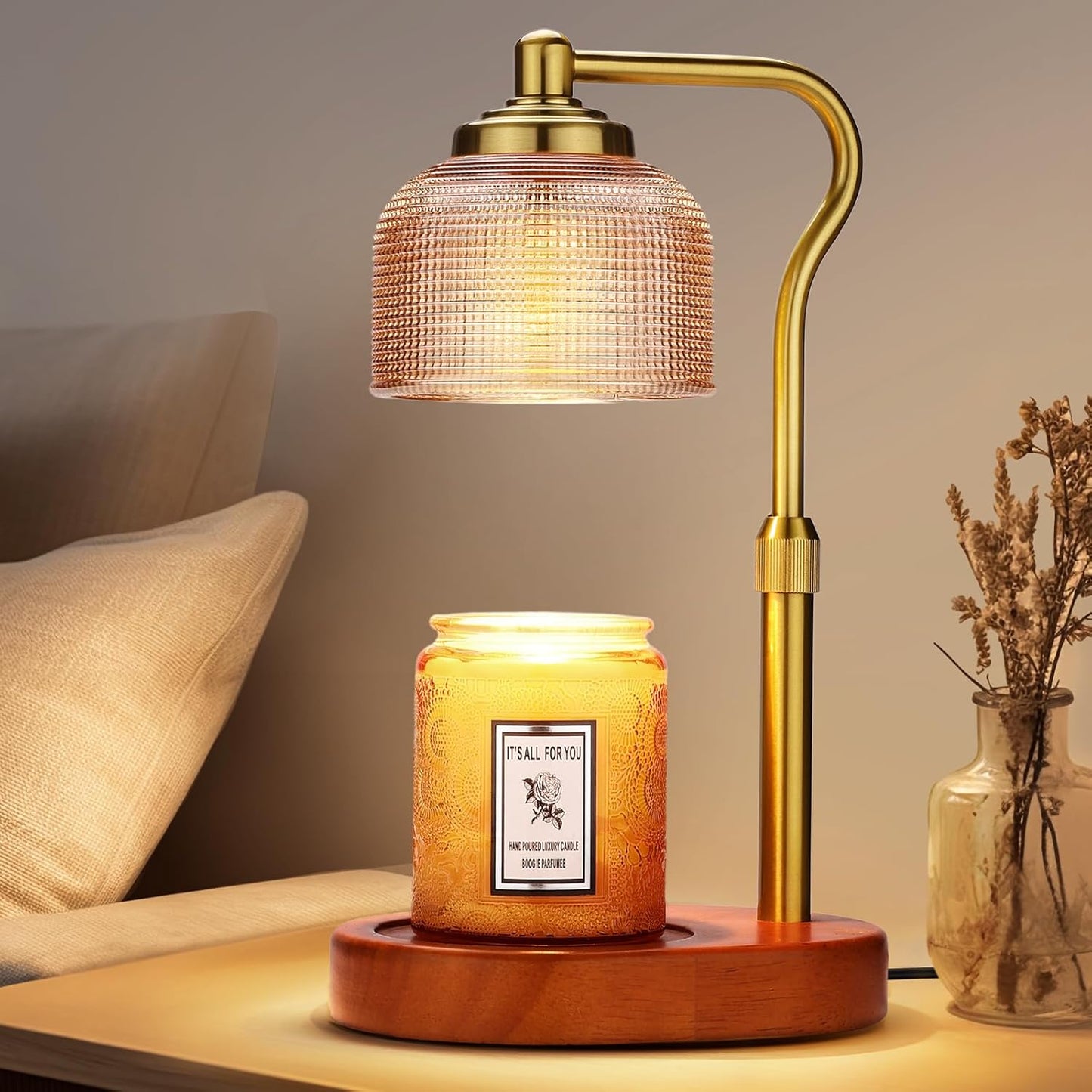 Candle Warmer Lamp Electric Candle Warmer with Timer Dimmable Candle Lamp Warmer with 3 Bulbs Height Adjustable Wax Melt Warmer for Bedroom Home Decor, Amber Gold