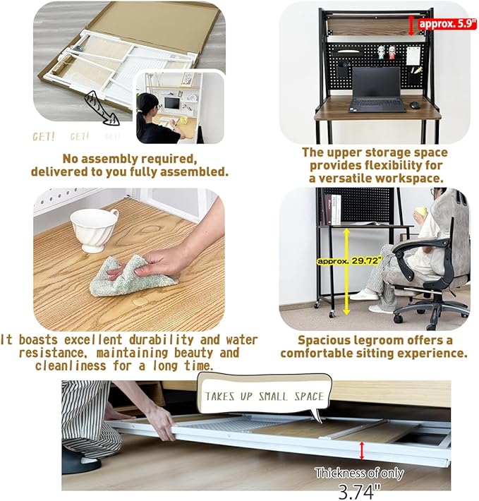 lumizone Folding Desk with Pegboard Collapsible Desk 29" Home Office Desk No Assembly Required Folding Table with Hooks Boxes and Storage Accessories for Organizing (Nature-White+Accessories Set)