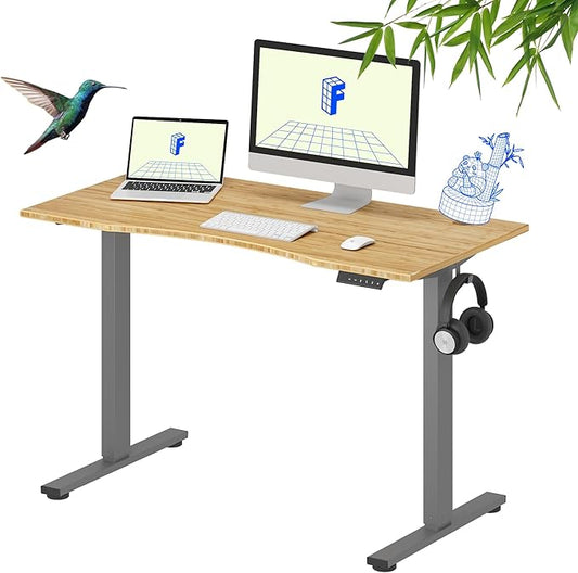 FLEXISPOT EN1 Bamboo Standing Desk, 48 x 24 Inches Whole-Piece Electric Adjustable Height Desk Sit Stand Desk, Home Office Table Stand up Desk (Silver Frame + Bamboo Curved Desktop, 2 Packages)