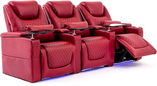 Home Theater Seating Seats, Theater Recliner Chair Sofa Game Movie Theater Chairs with 7 Colors Ambient Lighting, Lumbar Pillow, Side Pocket, Tray Table, Power Recline, Red
