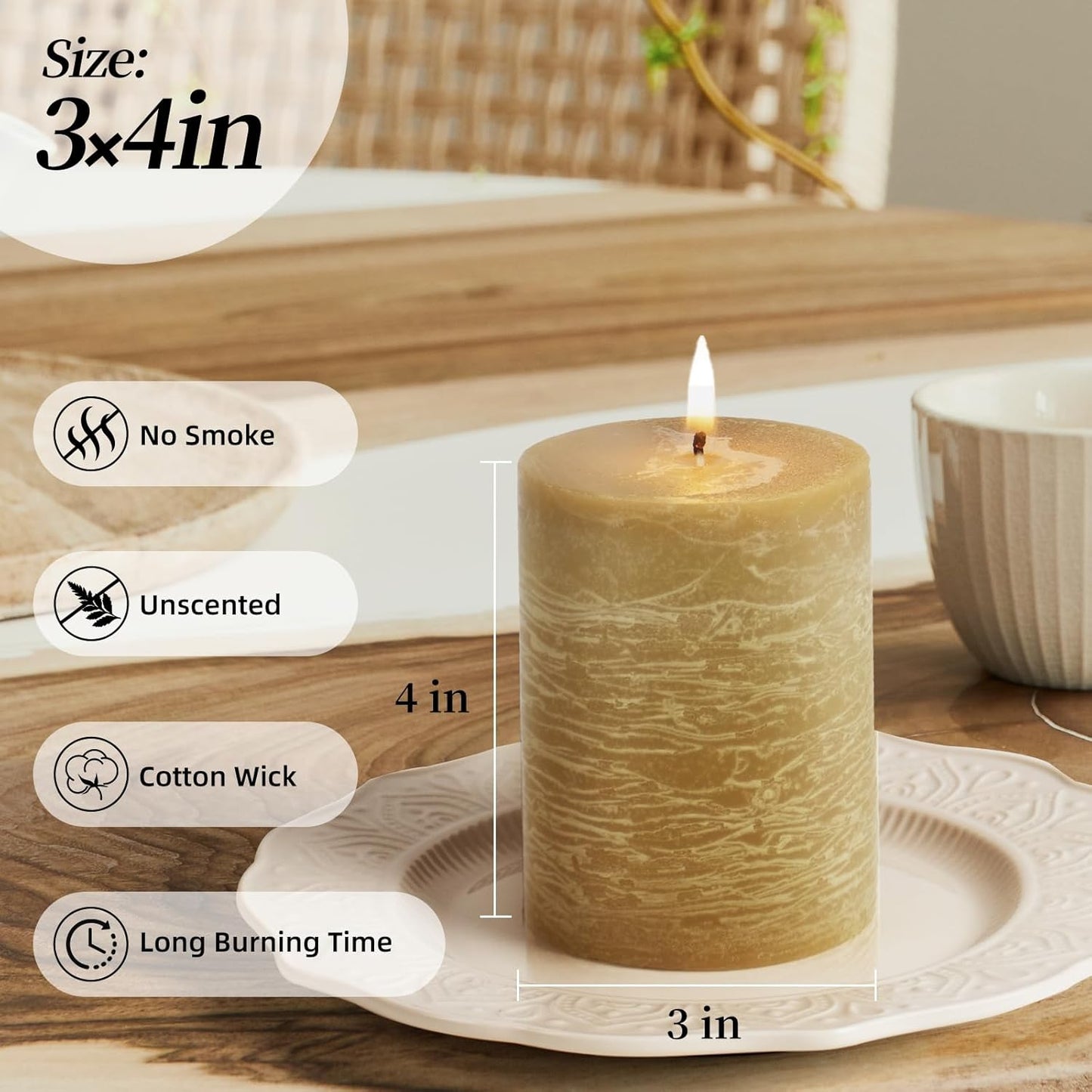 KONNI Wax Yellow Pillar Candles Set of 3, 3"x 4" Unscented Pillar Candles Bulk, 39 Hours Long Burning Candles, Smokeless&Dripless Large Round Candle for Wedding, Home Decoration, Parties, Spas, Dinner
