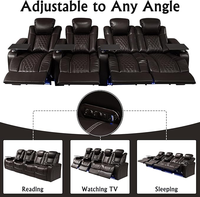 Home Theater Seating, Living Room, Powered Headrest, Powered Lumbar, Italian Leather, Powered Recline, Single Recliner (Coffee Color, Row of 4 Loveseat Right)