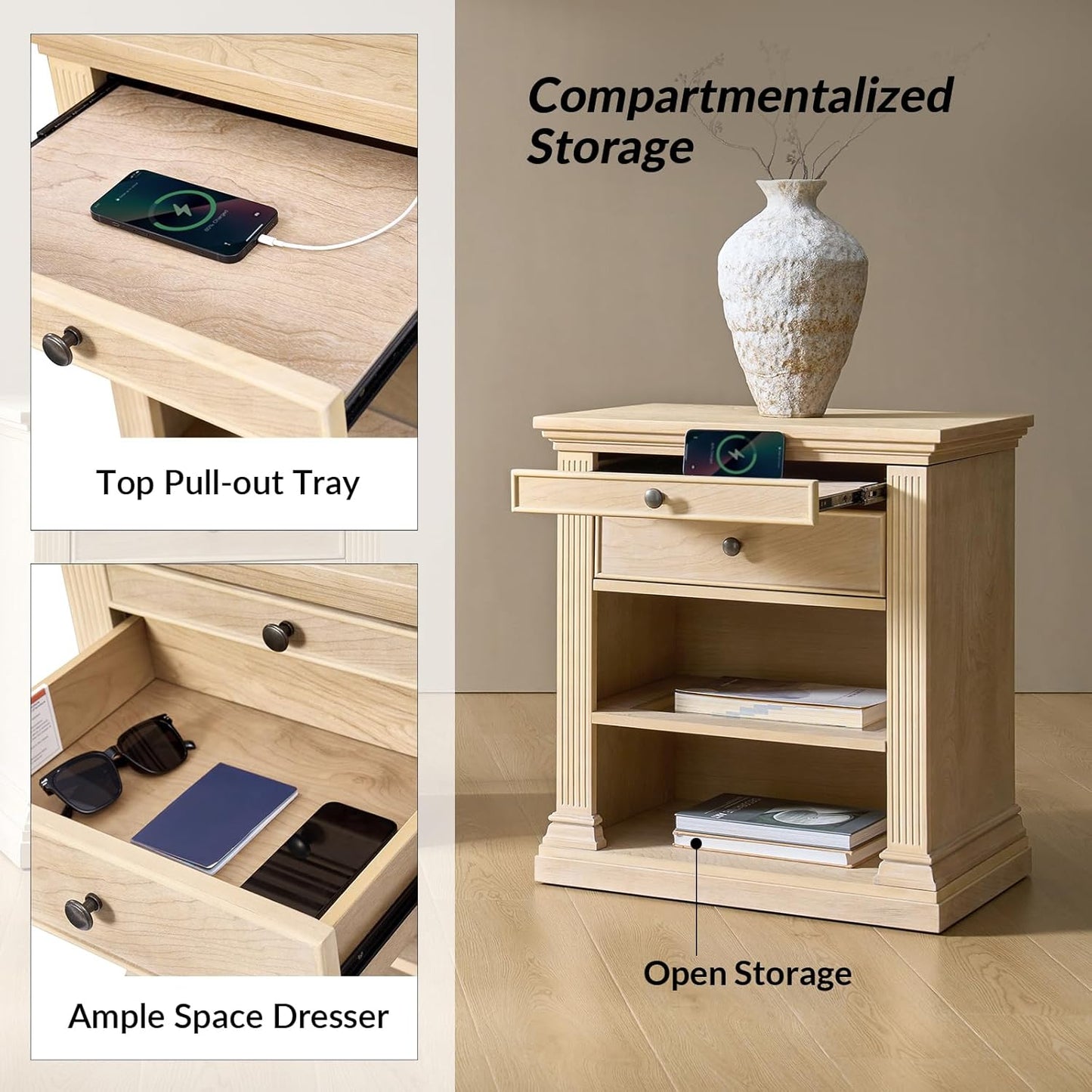 HULALA HOME Wood Nightstand with Tray and Storage Shelves, Traditional Design with Roman Column, End Table with Charging Station/LED, Natural