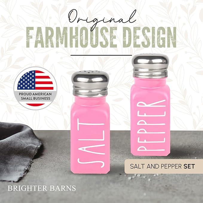 Pink Salt and Pepper Shakers Set by Brighter Barns - Modern Kitchen Decor and Accessories - Cute Glass Shakers - Vintage Decor for Home, Restaurants, Housewarming Gifts & Stainless Steel Lids (Pink)