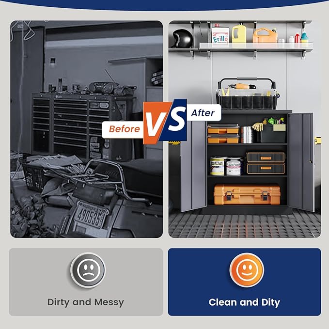 Yizosh Metal Garage Storage Cabinet with 2 Doors and 2 Adjustable Shelves - 35.5" Steel Lockable File Cabinet for Home Office,Garage,Gym,School（Gray Black）