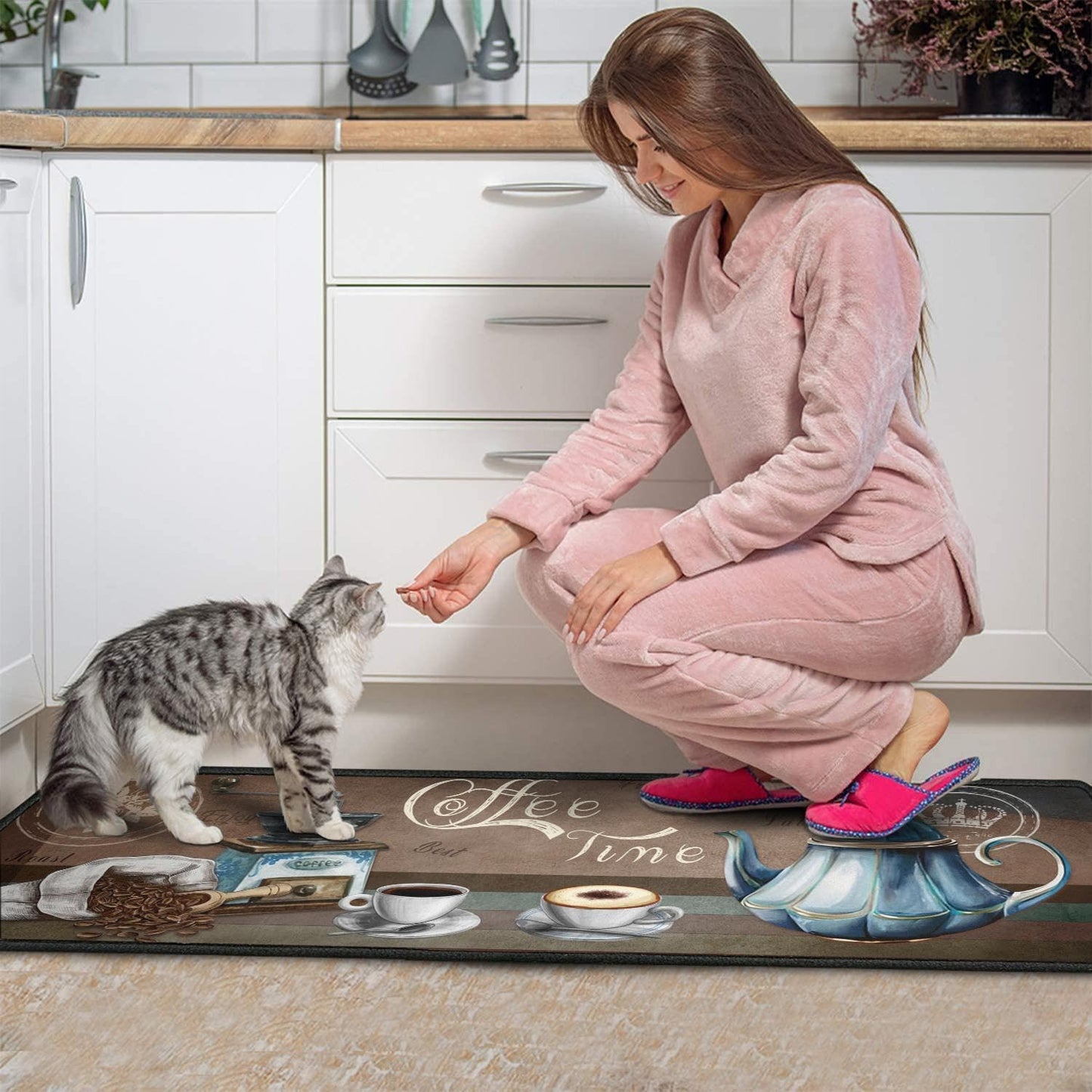 2 Piece Coffee Kitchen Decor Rugs Set, Farmhouse Country Kitchen Rugs and Mats Non Skid Washable Absorbent Microfiber Kitchen Accessories Decoration Floor Mats 17"x47"+17"x30"