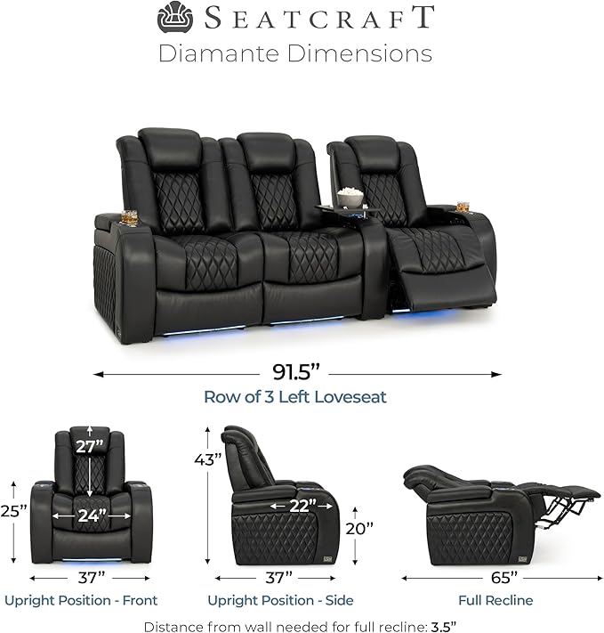 Seatcraft Diamante Zero-Gravity CoolZero Italian Leather Home Theater Seating, Power Headrest, Power Recline, Row of 3 Left Loveseat, Black