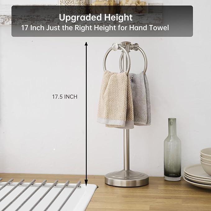 Hoimpro 17" Brushed Nickel Standing Towel Rack Bracket, Double Towel Ring Hand Towel Free Stand Holder Bathroom Hardware Accessories Set, Towel Bar for Bathroom Vanities and Kitchen Countertops