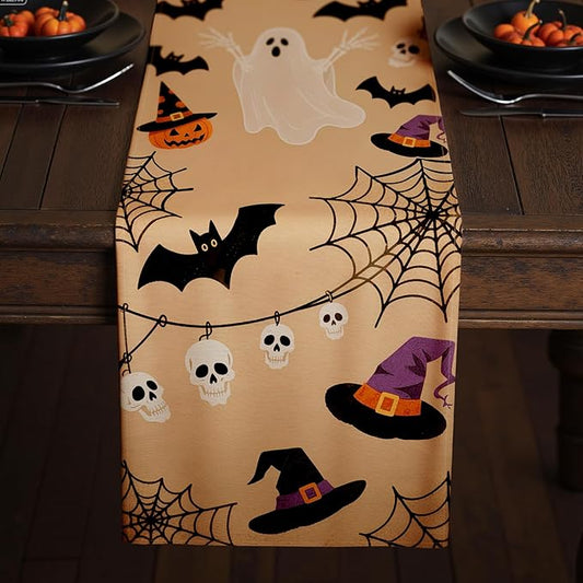 Halloween Table Runner with Ghosts, Bats, Pumpkins & Spooky Motifs, Table Decoration for Dining Party and Home Decor,36x13 inches