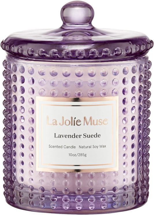 LA JOLIE MUSE Lavender Suede Candle - Lavender, Eucalyptus, Sandalwood | 10 oz Natural Soy Wax | 55 Hours Clean Burn | Aromatherapy Candle | Perfect for Relaxation, Self-Care and Meditation