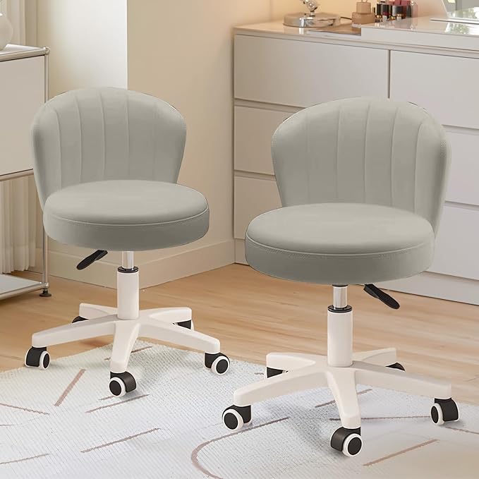 Small Desk Chair Round Rolling Chair with Back PU Leather Height Adjustable Swivel Vanity Work Computer Stool Chair for Home Office Bedroom, Set of 2