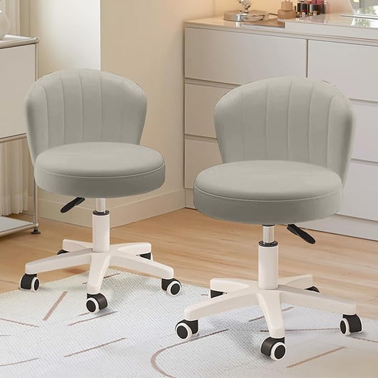Small Desk Chair Round Rolling Chair with Back PU Leather Height Adjustable Swivel Vanity Work Computer Stool Chair for Home Office Bedroom, Set of 2