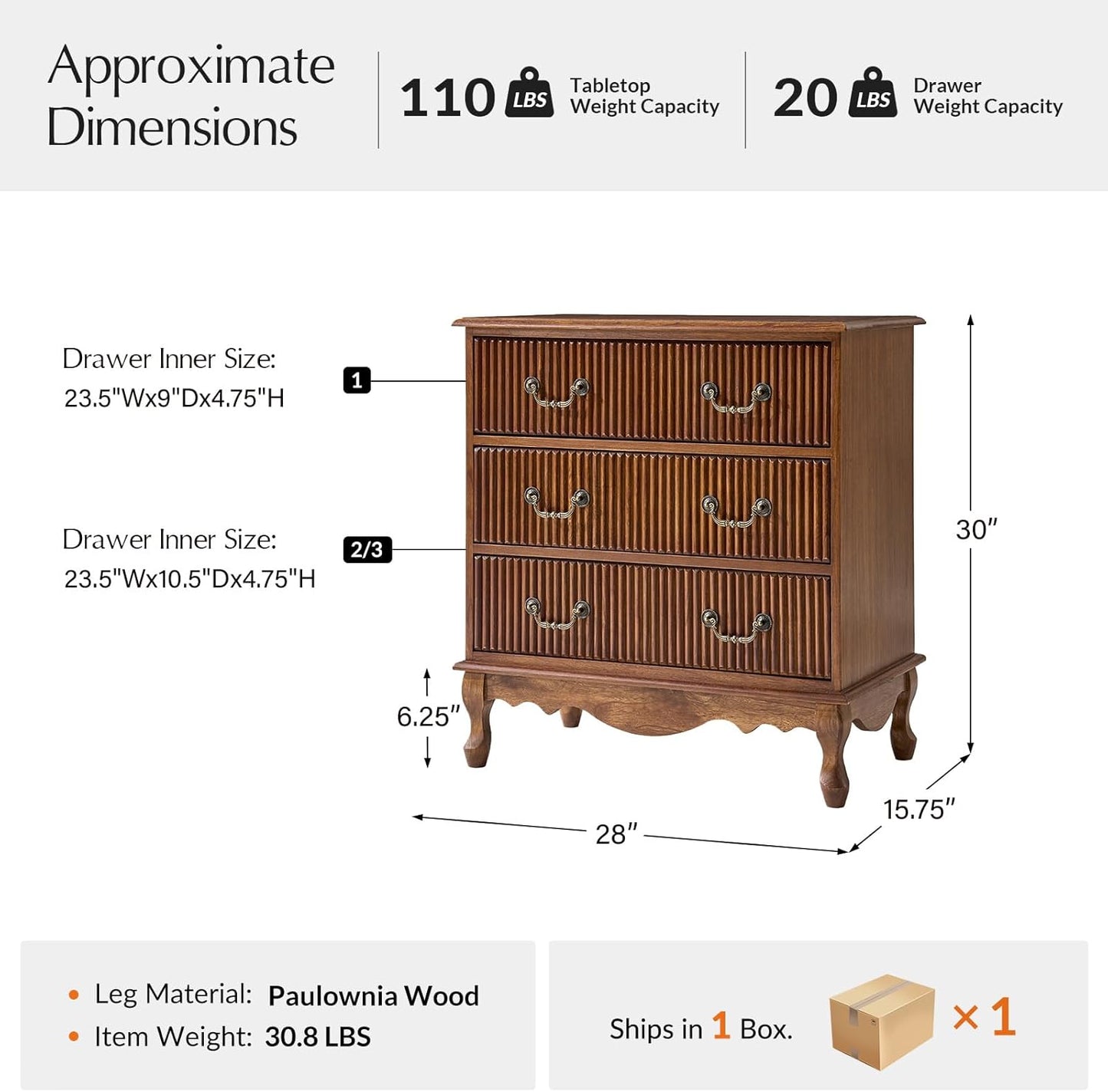 HULALA HOME Transitional Nightstand with 3 Drawers and Charging Station, 28" Solid Paulownia Wood Nightstand with Fluted Front Design, Cherry