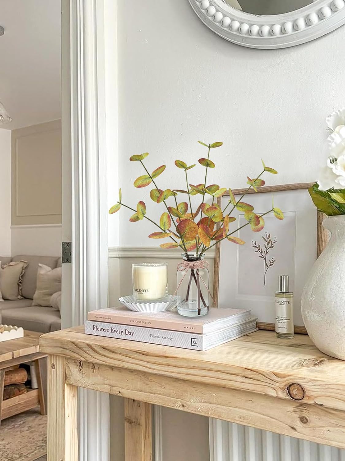 Fall Fake Eucalyptus Stems in Glass Vase with Faux Water 14" Fake Fall Plants with Artificial Eucalyptus Leaves Fall Decorations for Home Bathroom Desk Coffee Table Centerpiece Office Farmhouse Decor