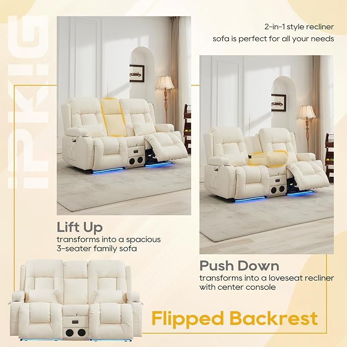 IPKIG 67" Power Reclining Loveseat Sofa, Electric Home Theater Seating with Console/4 Colors Ambient Lighting/Bluetooth Speakers/USB Ports/Built-in Outlets (Off-White, Loveseat Recliner)