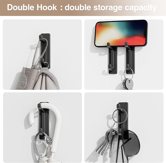 Self Adhesive Wall Hooks for Hanging: Extra Strong 13 LB, Hook for Coat, Towel in Bathrooms, Shower, Kitchen, Wall, Door Hook, Black 12 Pack