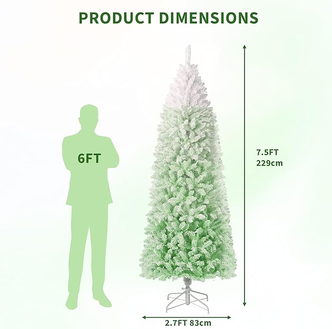 GarveeHome 7.5ft Snow Flocked Pencil Christmas Tree, Slim Artificial Christmas Tree with Sturdy Metal Stand, Skinny Xmas Tree Holiday Decoration for Home, Office, Green Gradient