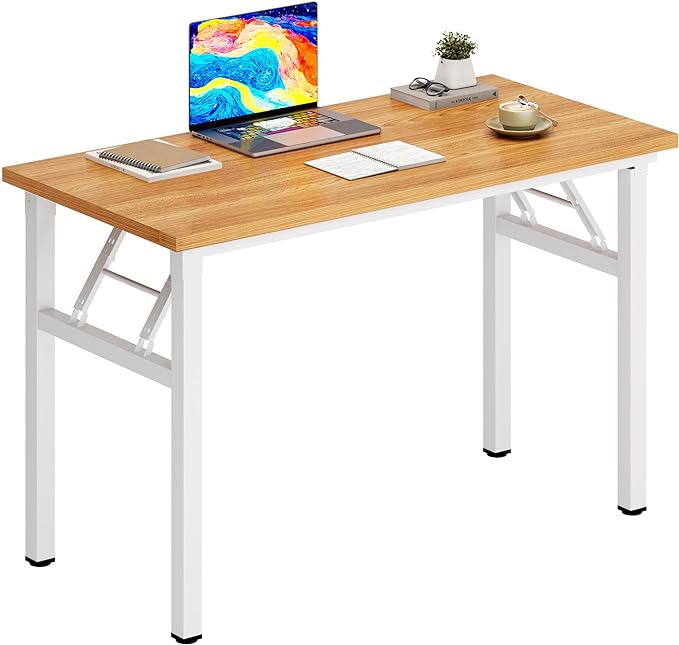 DlandHome Folding Desk - 31.5 Inch Small Computer Desk for Home Office - Folding Table Writing Table for Small Spaces - No Assembly Required - Teak & White Frame