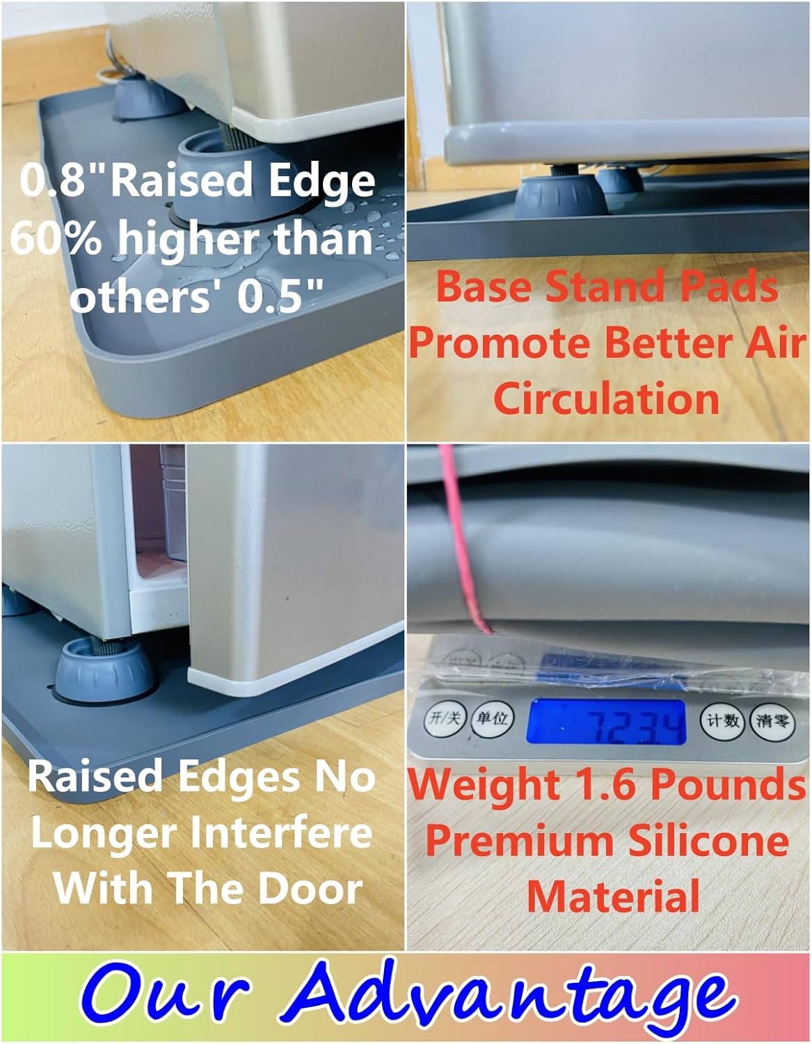 Mini Fridge Silicone Mat with Raised Edges, 24" x 24" x 0.8" Mini Fridge Drip Tray With 4 Base Raisers,Mini Refrigerator Carpets Floor Protector (Grey)