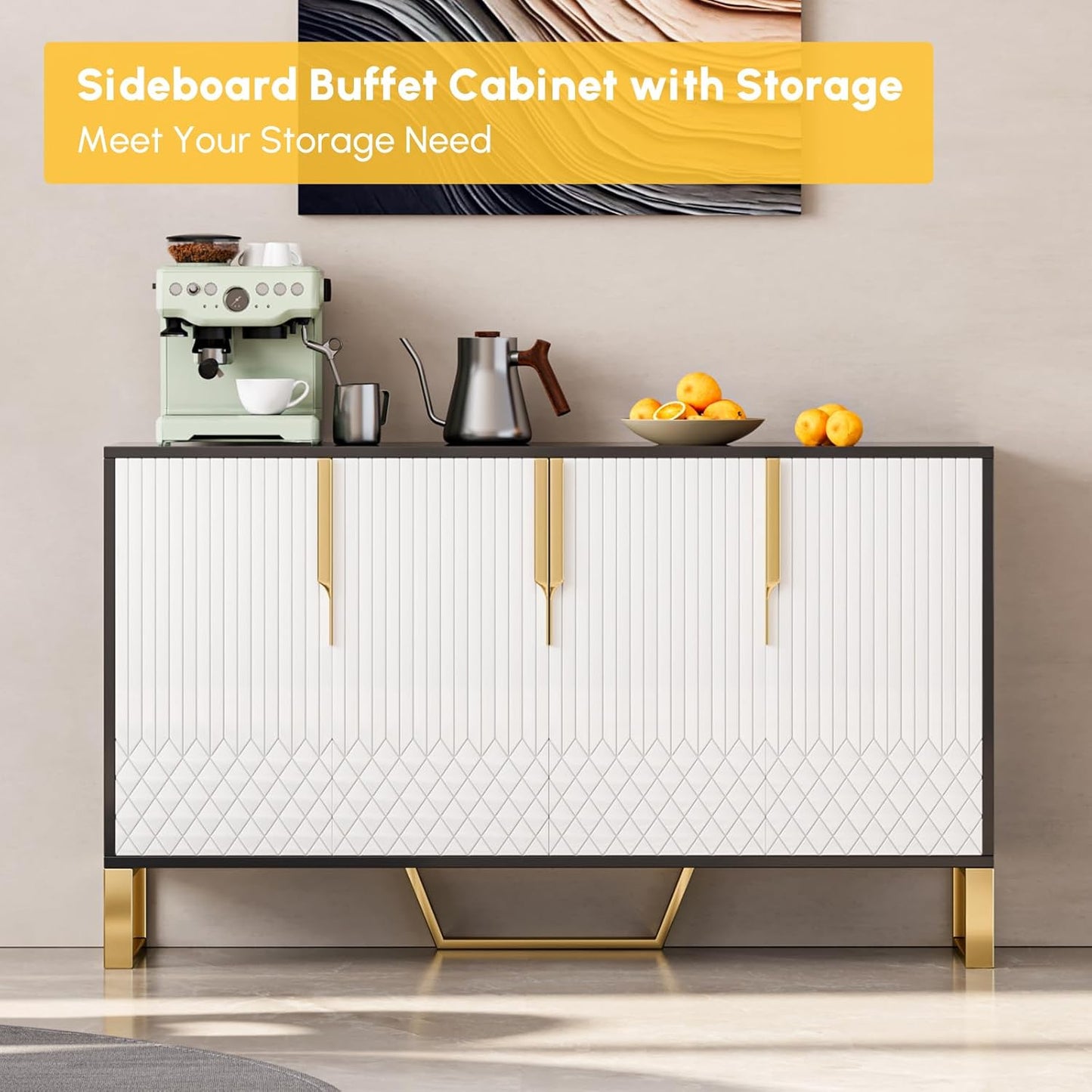 homary 59" Buffet Sideboard Cabinet with Storage – Modern Kitchen Server Table with 4 Doors & Adjustable Shelves, Stainless Steel Frame for Dining Room, Living Room, Entryway