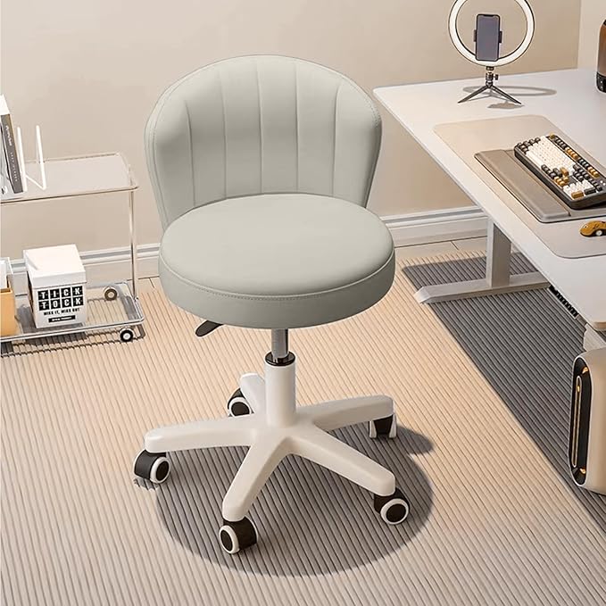 Small Desk Chair Round Rolling Chair with Back PU Leather Height Adjustable Swivel Vanity Work Computer Stool Chair for Home Office Bedroom