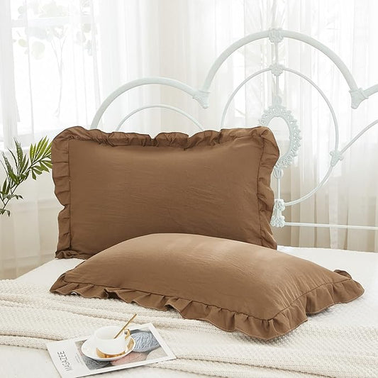 Merryword Brown Ruffle Standard Pillow Shams 20x26inch - Cute Coffee Pillowcases Set of 2 - Shabby Chic Soft Cover 2 Pack