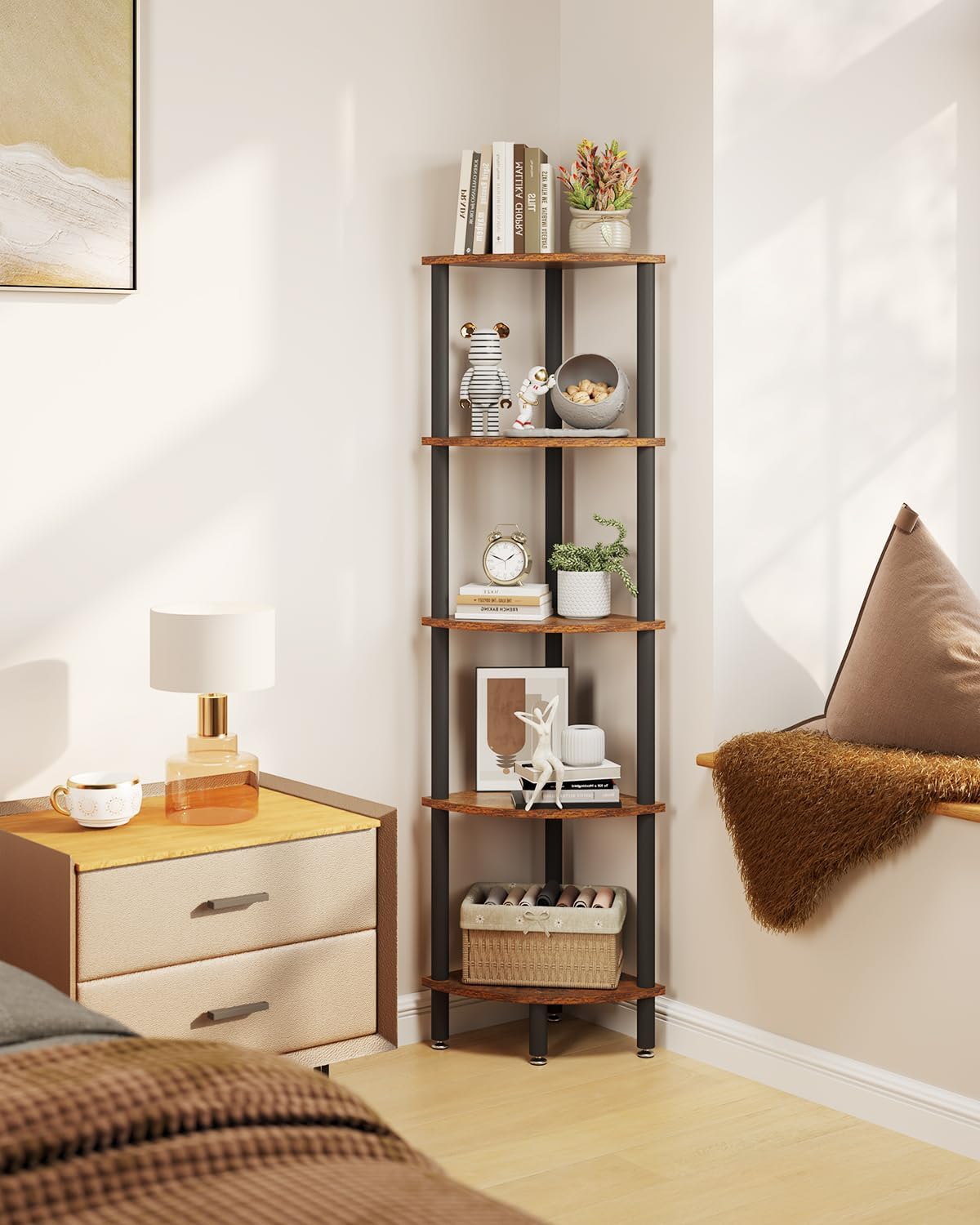 IBUYKE 5 Tier Corner Shelf Stand,Industrial Corner Display Rack,Corner Bookshelf for Living Room, Bedroom, Kitchen, Home Office, Brown WBC010H