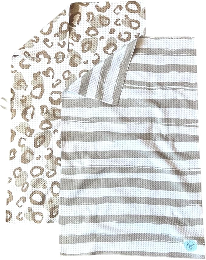 || 2 Pack Double Sided || Waffle Weave Microfiber || Tea Towels || Highly Absorbent || Hanging Loop || Dish Cloths || Modern || Designer Prints || Double Sided || Cheetah & Stripes