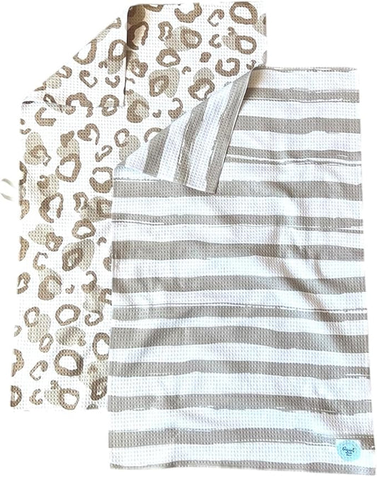 || 2 Pack Double Sided || Waffle Weave Microfiber || Tea Towels || Highly Absorbent || Hanging Loop || Dish Cloths || Modern || Designer Prints || Double Sided || Cheetah & Stripes