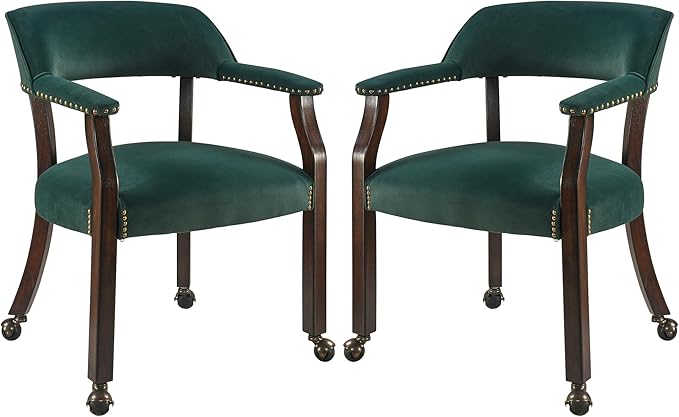 MODERION Dinning Chairs with Wheels and Arms Set of 2, Solid Wood Office Desk Chairs with Frosted Velvet Upholstered, Classic Swivel Accent Chairs, 31.5" H Boss Caption's Chair, Sea Green XXY-HT22-SG