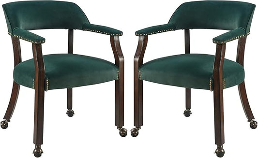 MODERION Dinning Chairs with Wheels and Arms Set of 2, Solid Wood Office Desk Chairs with Frosted Velvet Upholstered, Classic Swivel Accent Chairs, 31.5" H Boss Caption's Chair, Sea Green XXY-HT22-SG
