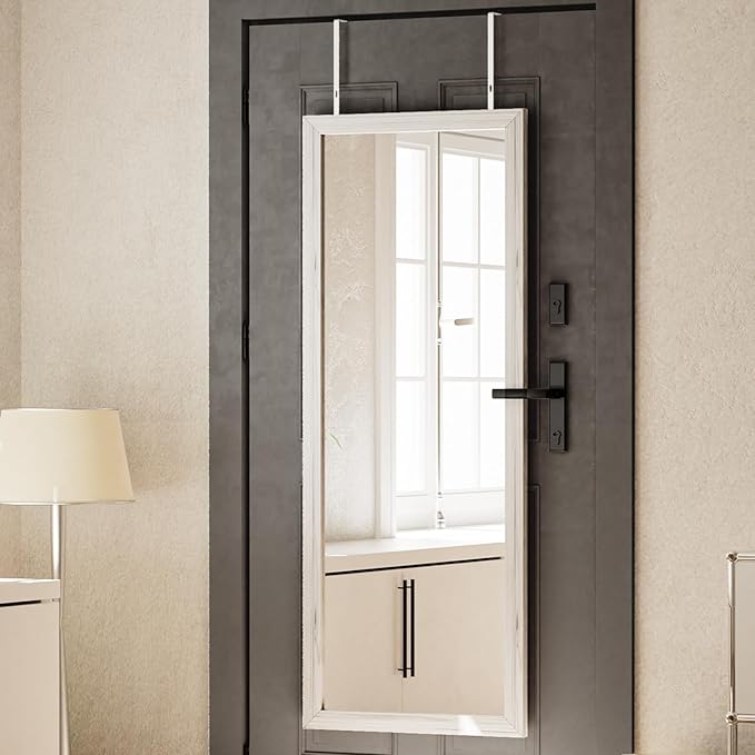 18x48 inch Over Door Mirror Wooden Frame, Full Length Hanging Mirror with Durable and Space-Saving Design for Bedroom, Bathroom, or Closet, Adjustable Height Hooks, White