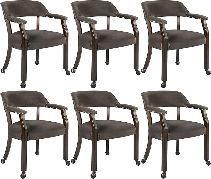 MODERION Dinning Chairs with Wheels and Arms Set of 6, Solid Wood Office Desk Chairs with Frosted Velvet Upholstered, Classic Swivel Accent Chairs, 31.5" H Boss Caption's Chair, Taupe XXY-HT22-WG