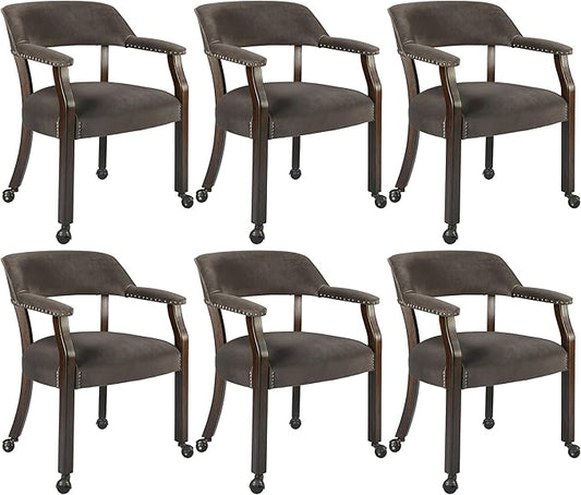 MODERION Dinning Chairs with Wheels and Arms Set of 6, Solid Wood Office Desk Chairs with Frosted Velvet Upholstered, Classic Swivel Accent Chairs, 31.5" H Boss Caption's Chair, Taupe XXY-HT22-WG