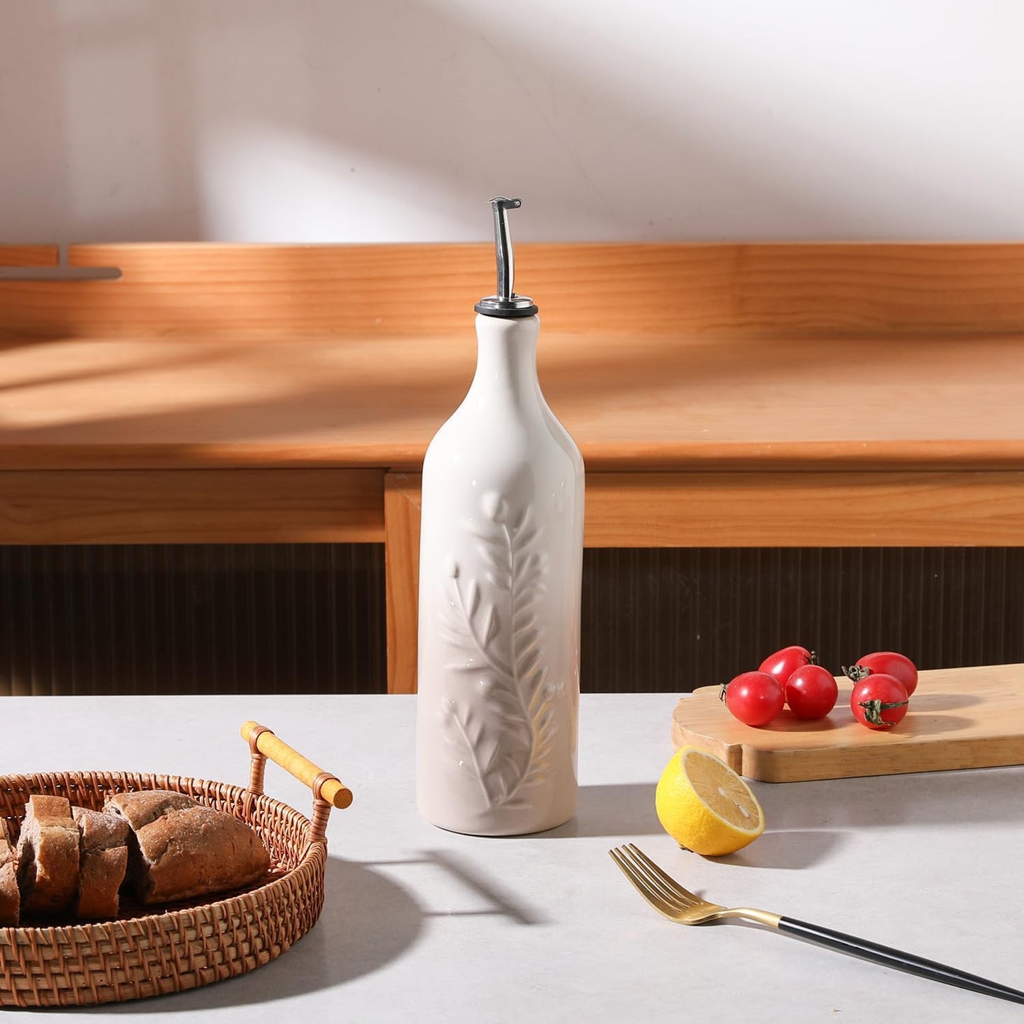 Sweejar Large Olive Oil Dispenser Bottle with Spout, 24 Oz Ceramic Oil Dispenser for Kitchen, Relief Opaque Cruet, Container for Cooking, EVOO, Vinegar, Pack of 1 (GradientFogGray)