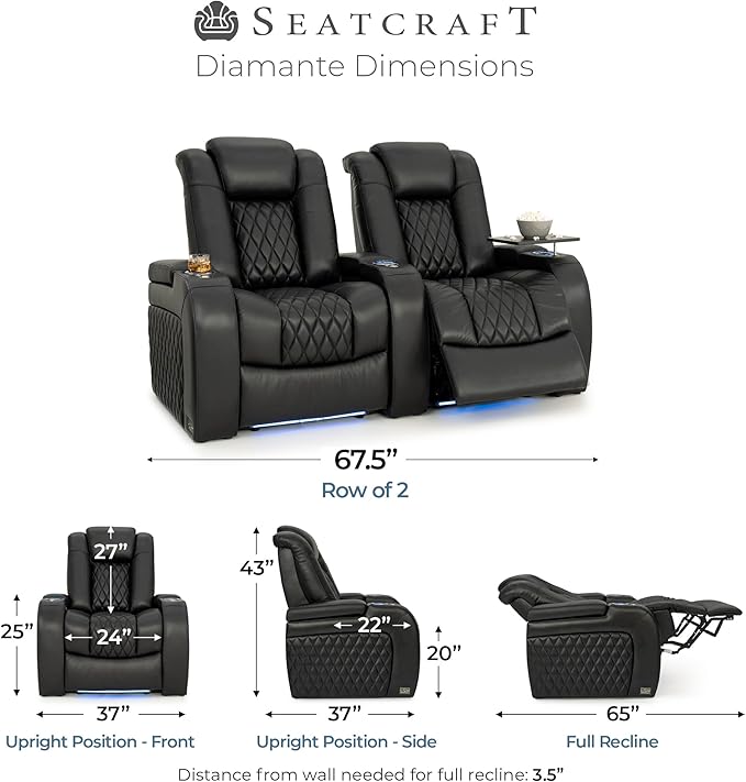 Seatcraft Diamante Zero-Gravity CoolZero Italian Leather Home Theater Seating, Power Headrest, Power Recline, Row of 2, Black