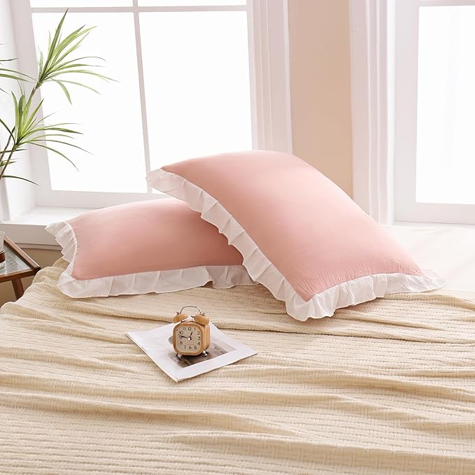 Merryword Pink Pillow Shams Pink and White Reversible Queen Pillowcases Cute Pillow Cover Set of 2 Soft Shabby Chic Ruffled Pillowcases 2 Pack (Queen (20''x30''), Pink White)