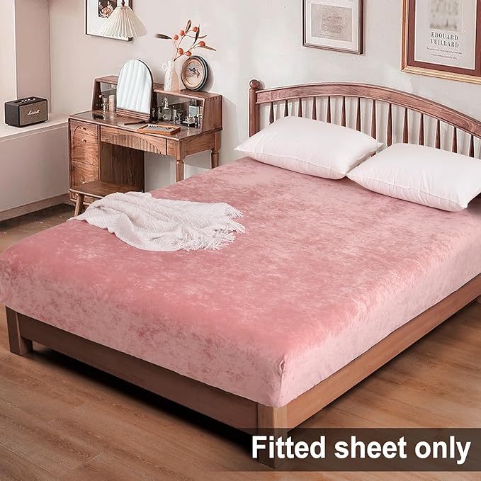 PHF Truly Velvet Fitted Sheet Only King Size, Luxury Super Soft Cozy Fuzzy Fleece Bottom Sheet, Deep Pocket Up to 16",Strenghth Elastic Band, Suitable for Fall Winter Spring, No Pillowcases, Pink