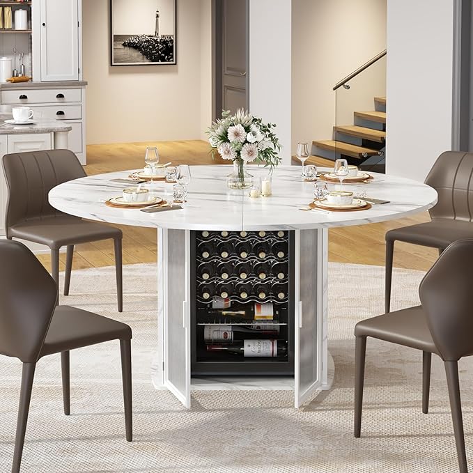 IBF 47" Round Dining Table with Fridge Space, Modern White Faux Marble Kitchen Tables for 4-6 People,Wood Dining Room Table with Storage Shelf, Circle Dinner Tables for Home, White Marble, Only Table