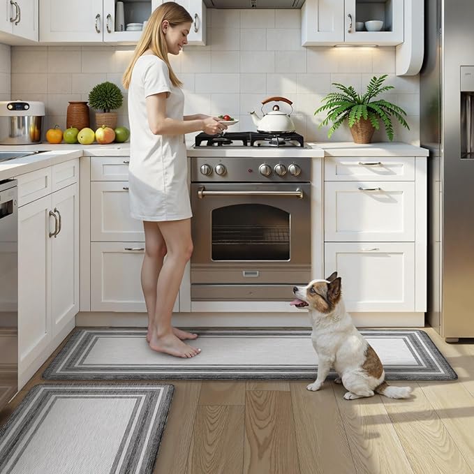 KIMODE Anti Fatigue Kitchen Mat Cushioned, Farmhouse Kitchen Rugs Sets of 2, Non Slip Memory Foam Kitchen Mat for Floor, Standing Desk Mat for Laundry Office Sink 20"x59"+20"x32" Grey