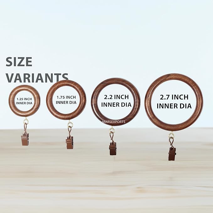 50 Pcs Curtain Rings with Clips Wooden, 3.5 inch for 1.5-2.5 inch Rod, Window Shower Curtain Hooks, Wood Curtain Rod Wood Curtain Rings with Eyelet, Drapery Rings, (50, 2.7 INCH Inner Dia)
