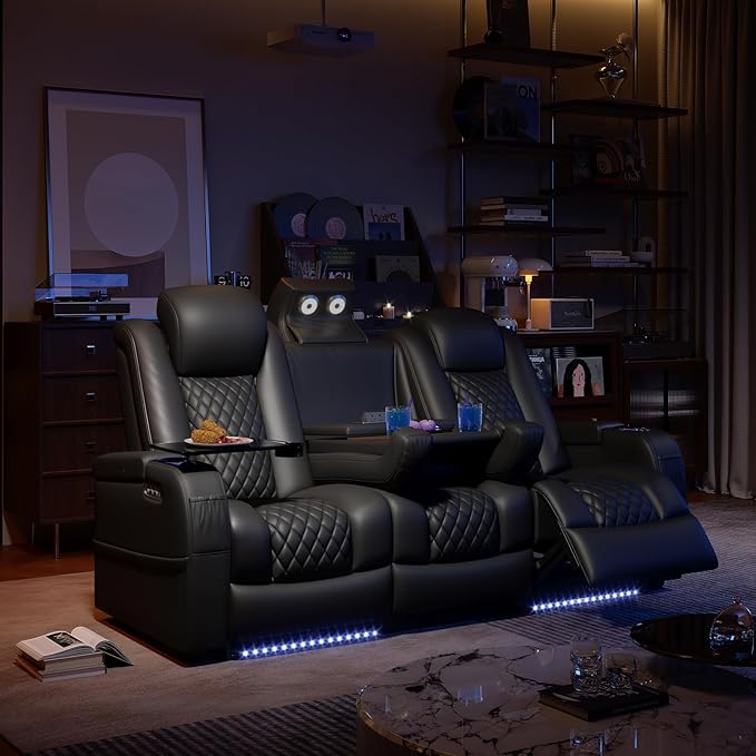 Home Theater Seating Seats, Movie Theater Chairs Theater Recliner with 7 Colors Ambient Lighting, Lumbar Pillow, Touch Reading Lights, Tray Table (Black, Row of 3)