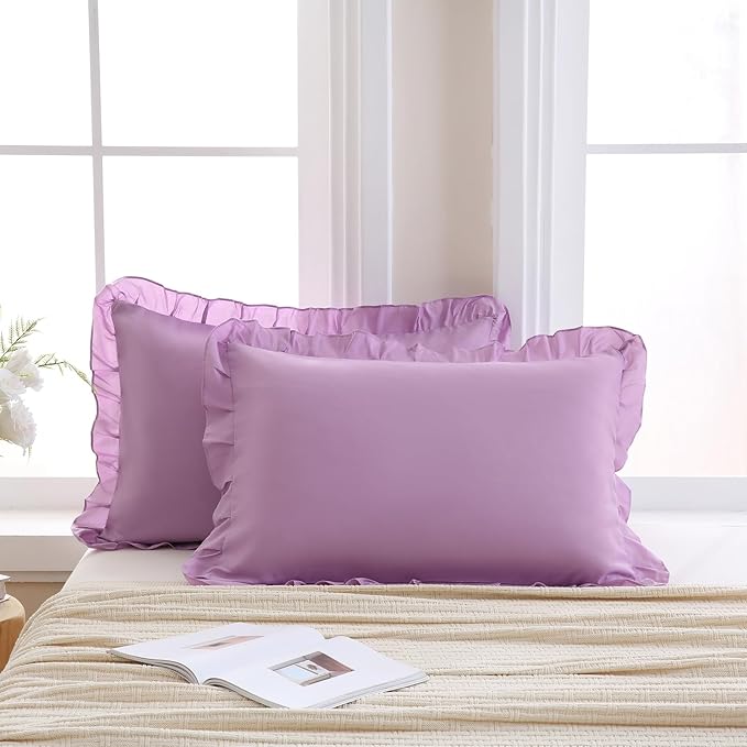 Merryword Lavender Purple Pillow Shams Light Purple Ruffle Standard Pillowcases Cute Pillow Cover Set of 2 Shabby Chic Soft Microfiber Pillowcases 2 Pack
