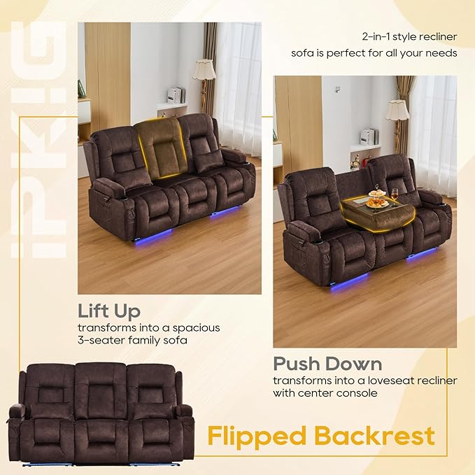 IPKIG 76" Power Reclining Sofa, Electric Home Theater Seating with Flipped Middle Backrest/LED Lighting/USB Ports/Built-in Outlets, Dual Recliner Sofa 3 Seater for Living Room RV (Brown)
