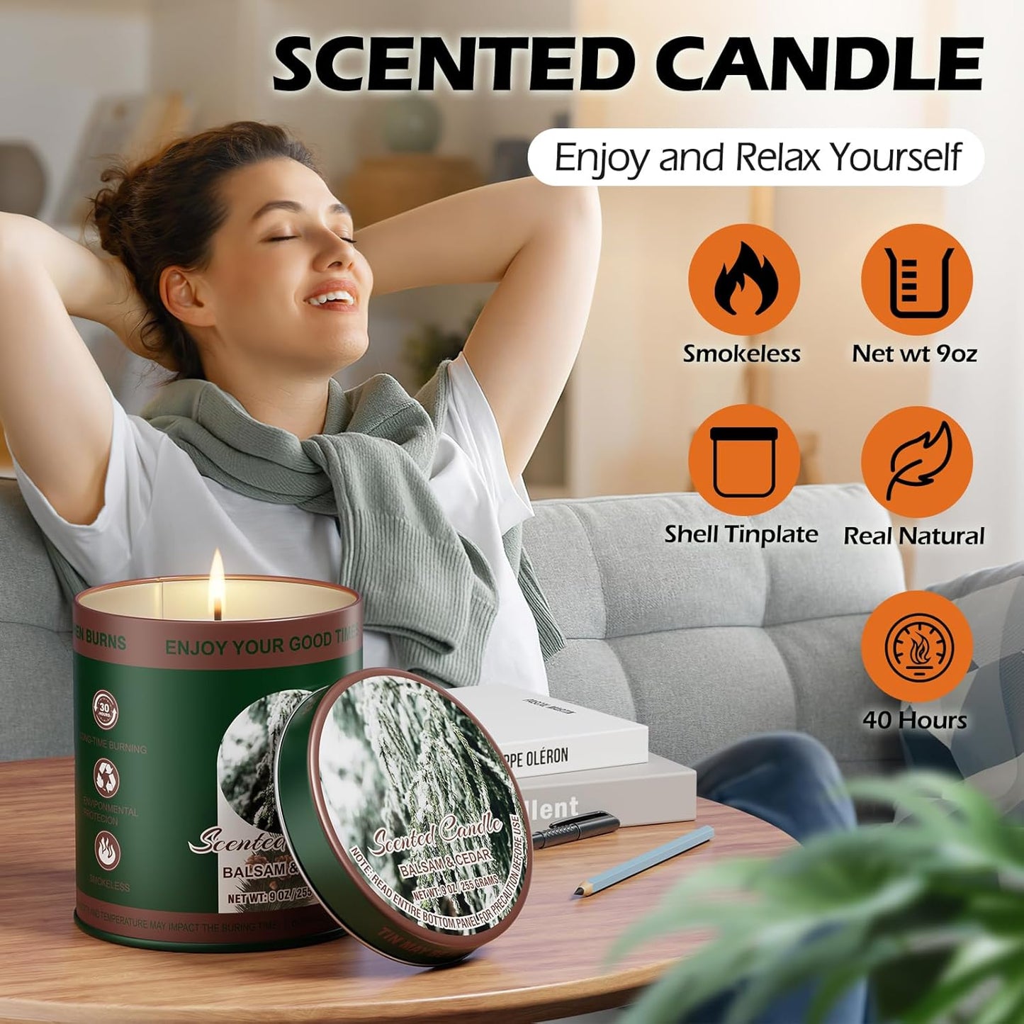 Balsam & Cedar Scented Candle Set | 2 Pack 510g 8% Essential Oils Long-Lasting 60H Burn | Pure Soy Wax Clean-Burning Smoke-Free | Aromatherapy Tin Jar Candles | Colorful Packaging Gift for Men&Women