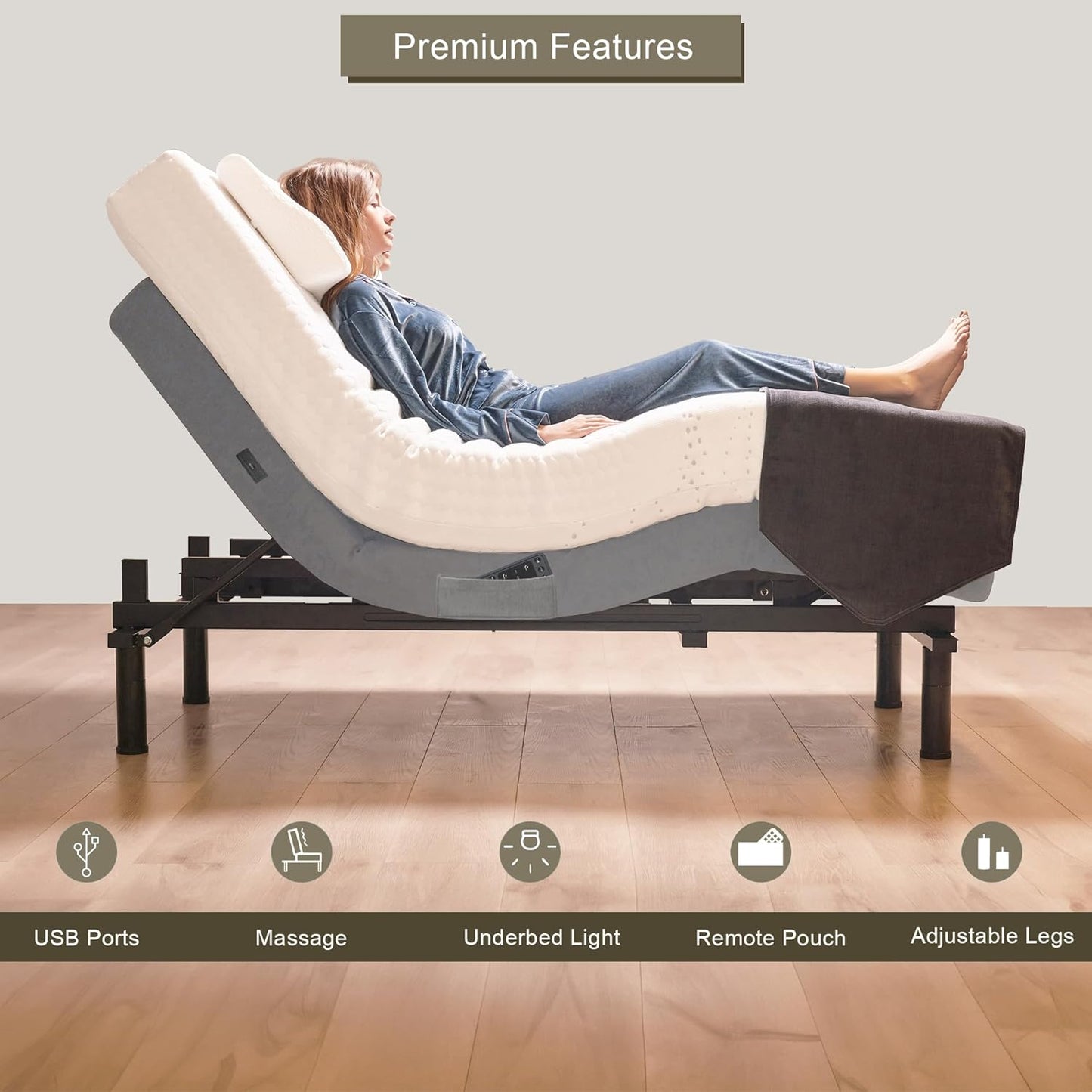 King Adjustable Bed Base - Dual Massage - USB Ports - Zero Gravity - Underbed Light - Wireless Remote - Zero Gravity - Anti Snore - Memory Positions - Zero Clearance