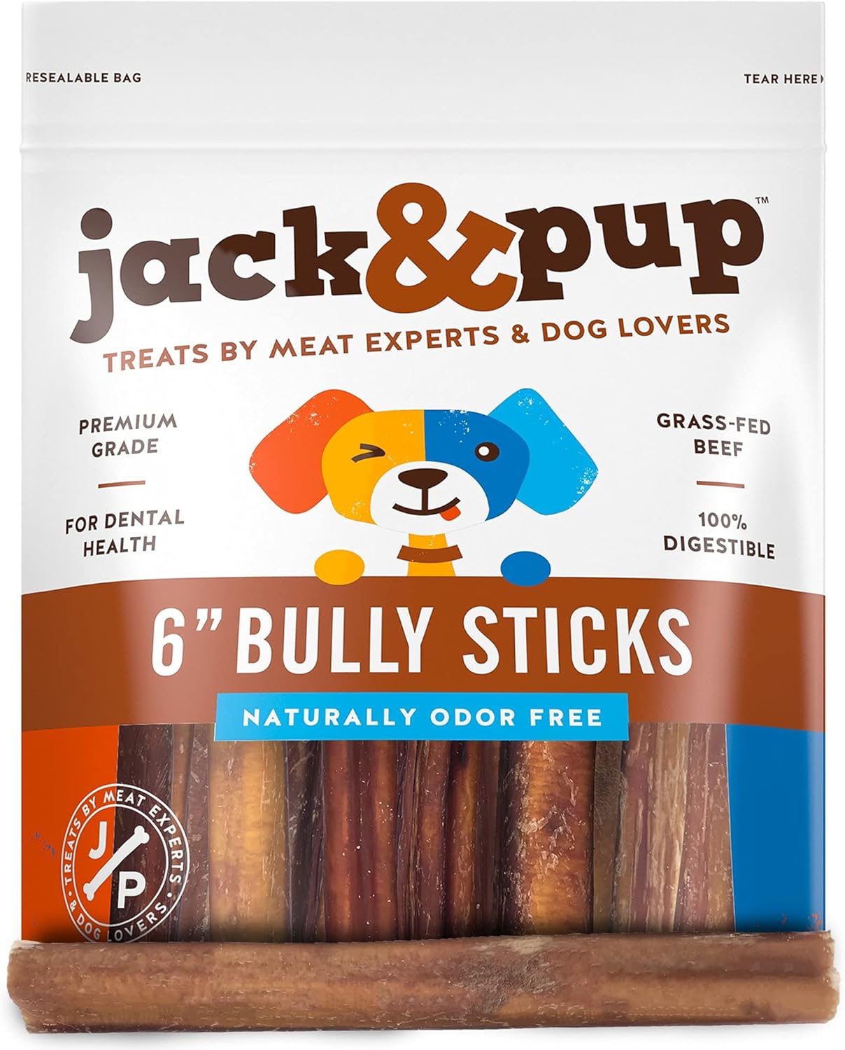 Jack&Pup 6-inch Bully Sticks for Aggressive Chewers (5 Pack) Dog Chews Long Lasting, Bully Sticks for Medium Dogs
