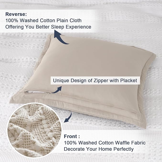 PHF 100% Cotton Ruffle Waffle Weave Euro Sham Covers, 2 Pack 26" x 26" Bed Pillow Covers for Elegant Home Decor, No Filling, Luxury Aesthetic Euro Pillow Cases for Bed, Oatmeal