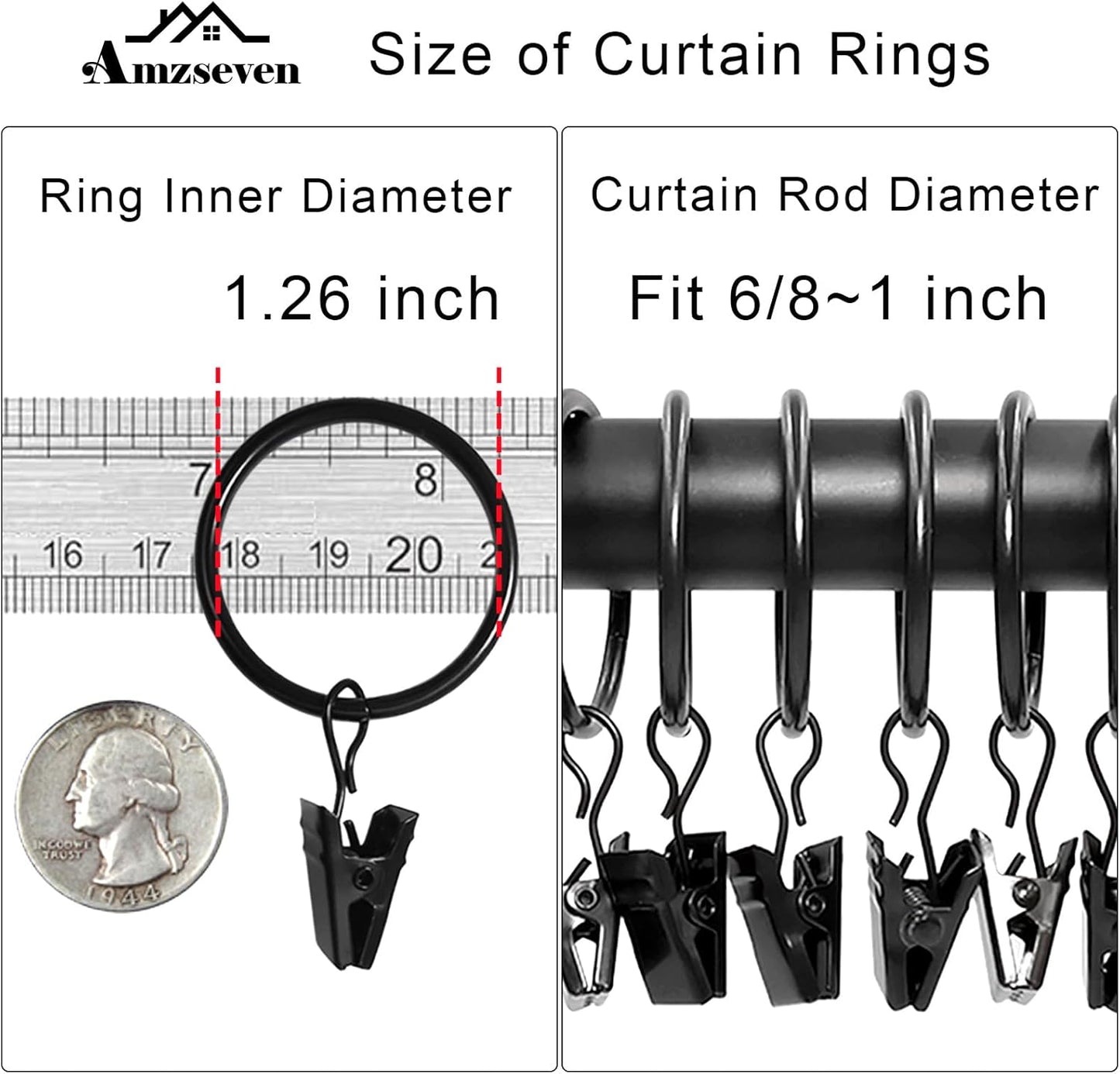 100 Pack Curtain Rings with Clips, Drapery Clips with Rings, Drapes Rings 1.26 in Interior Diameter, Fits up to 1 Inch Curtain Rod, Black